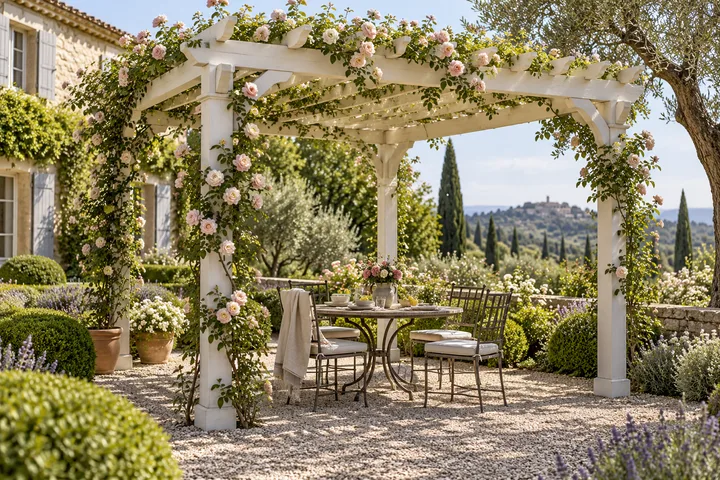 Pergola blanche fleurie avec un espace repas