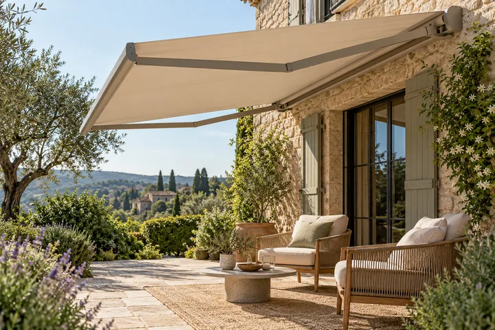 Store banne déployé au-dessus de fauteuils