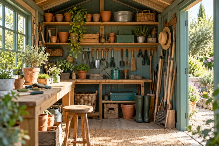 Étagères et outils rangés à l’intérieur d’un abri