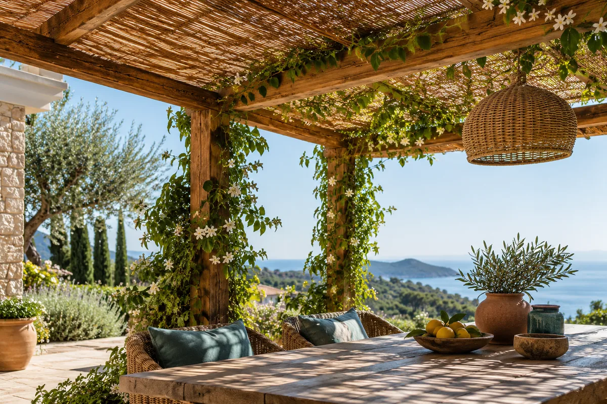 Couverture en canisse sur une ossature de pergola en bois