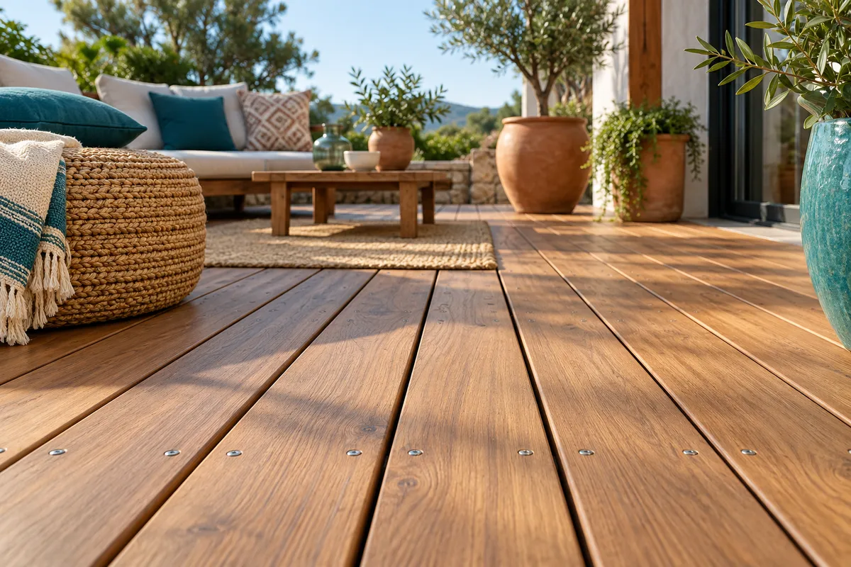 Lames de terrasse en bois et fixations alignées