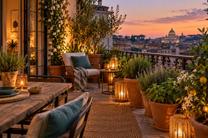 Plantes en pots et éclairage doux sur un balcon