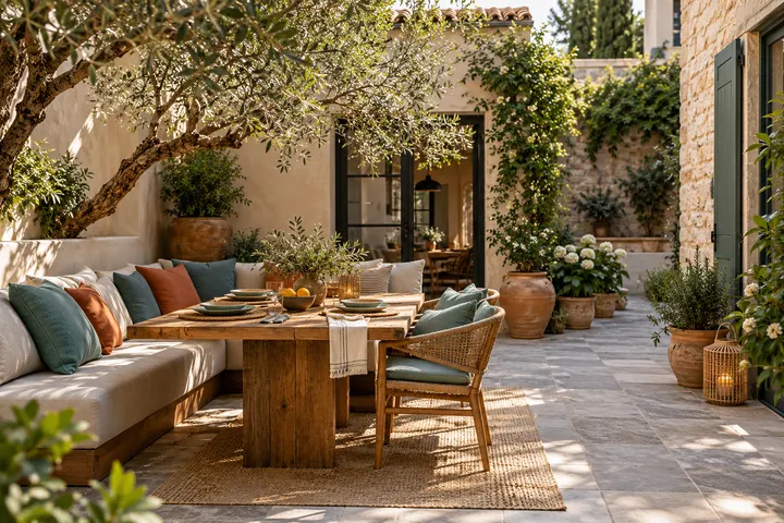 Coin repas et salon sur une petite terrasse aménagée