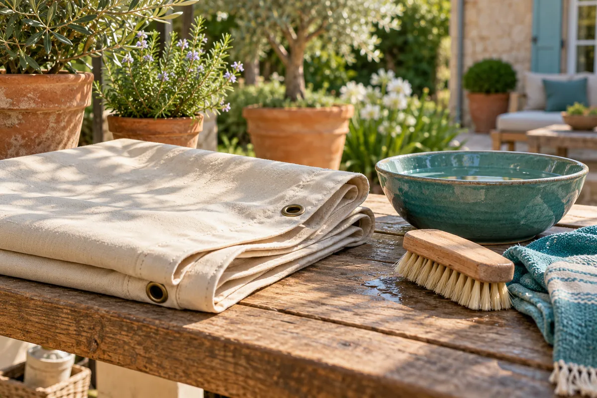 Toile extérieure, brosse douce et eau pour un entretien mesuré