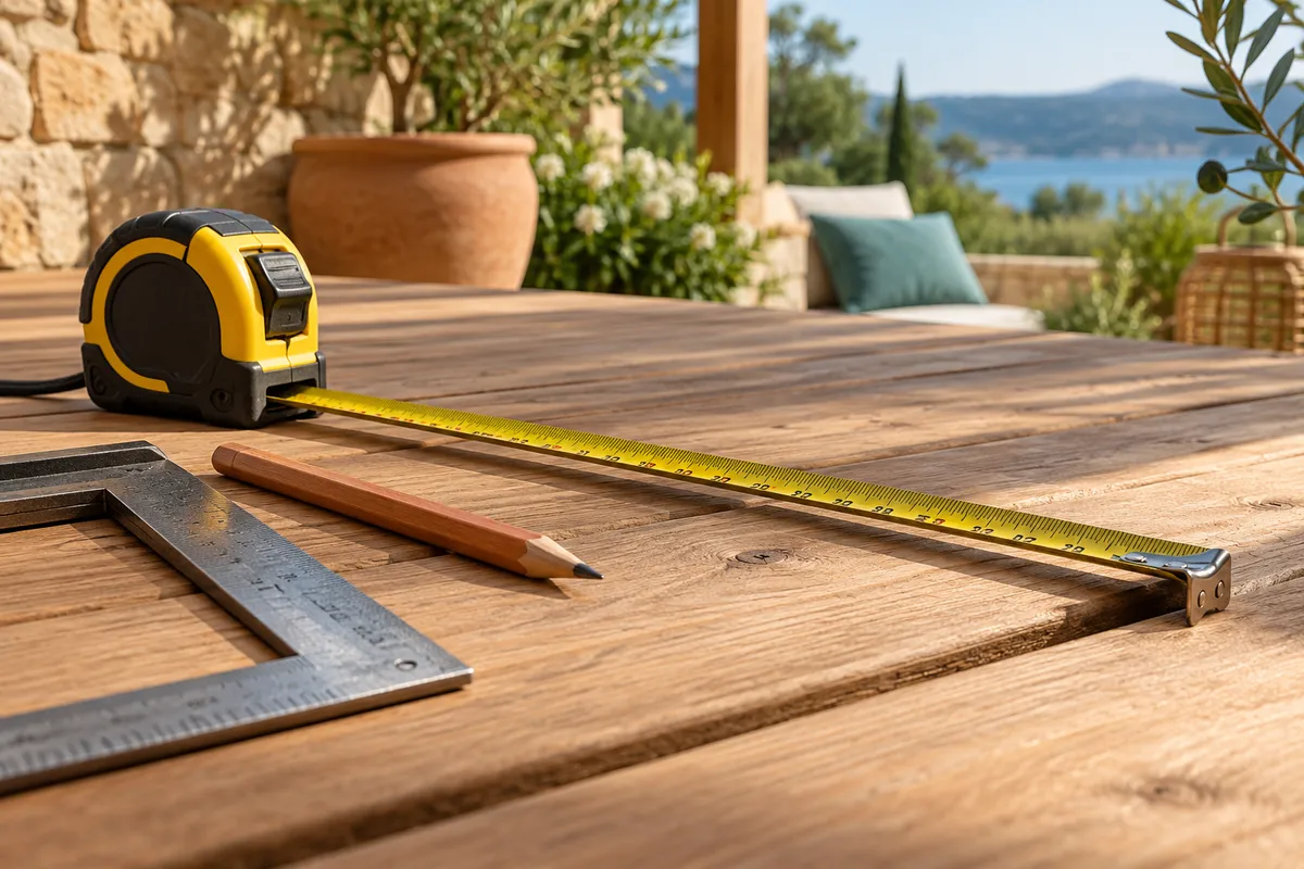 Mètre et équerre pour mesurer une terrasse en bois