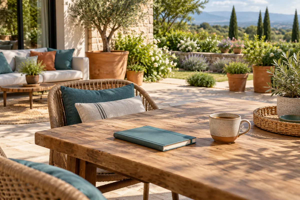 Carnet et café sur une table extérieure