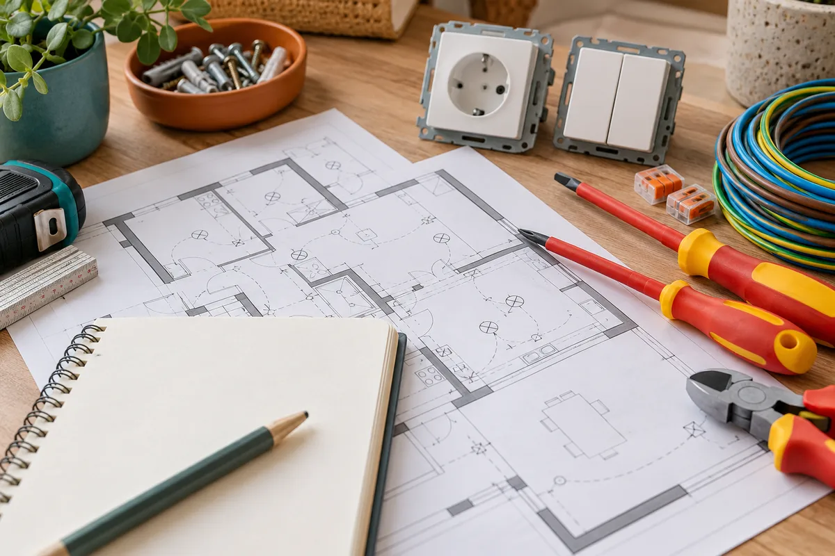 Plans techniques et outils isolés sur un établi