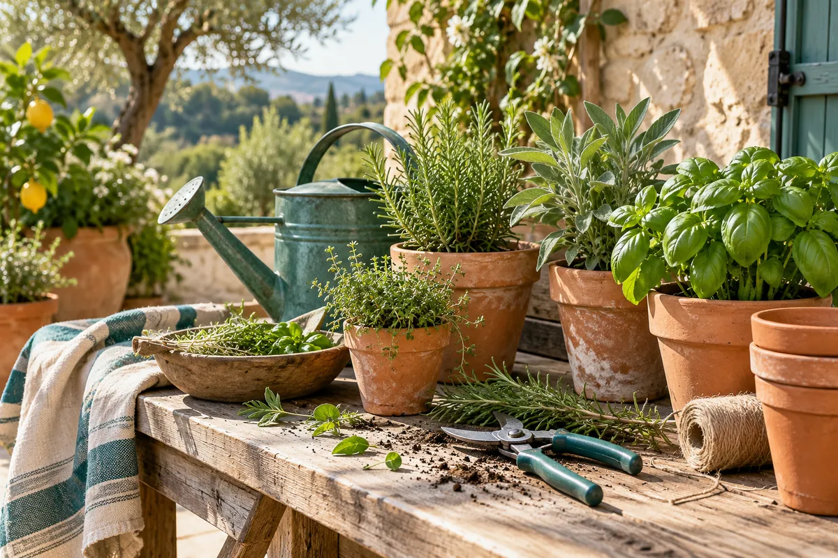 Outils de jardinage et plantes de saison sur un établi