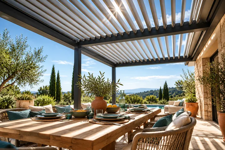 Lumière filtrée par les lames orientables d’une pergola
