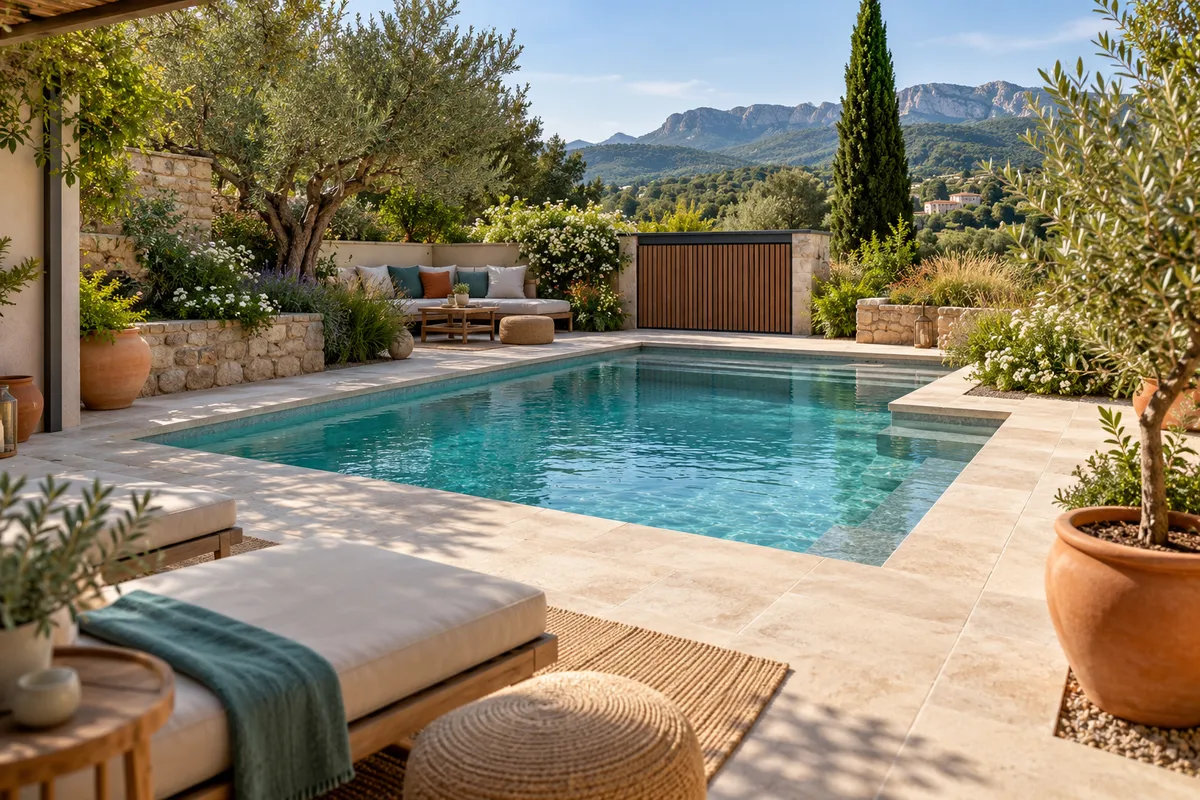 Piscine enterrée avec ses plages et plantations