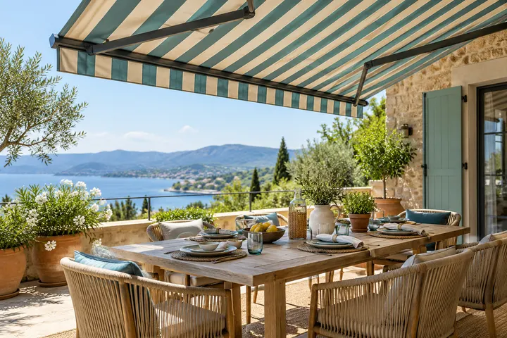 Table de repas ombragée par un store banne