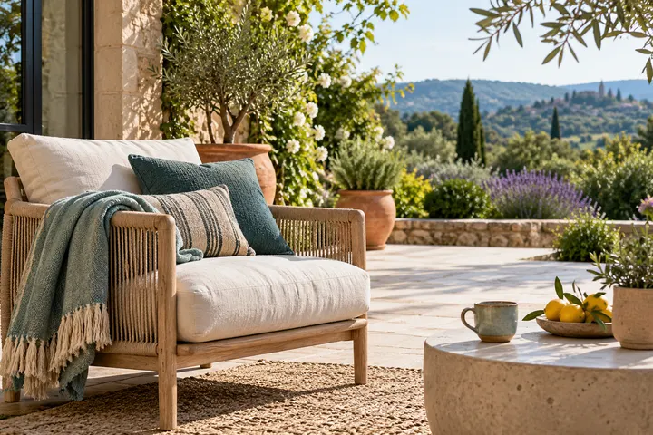 Fauteuil et table basse dans un coin détente sur la terrasse