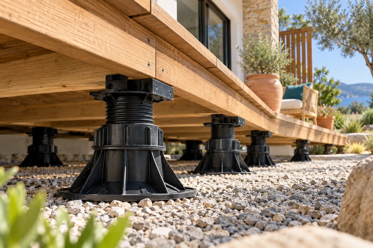 Appuis et lambourdes sous une terrasse en bois