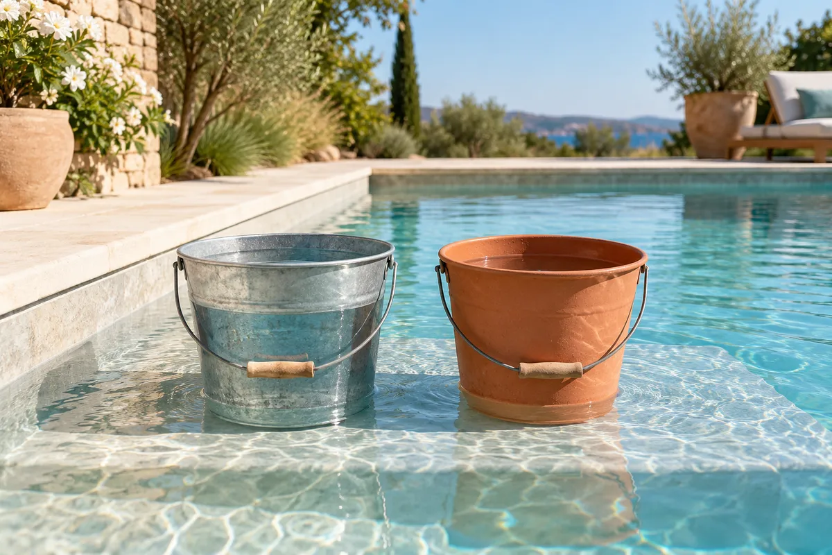 Récipients et niveaux d’eau au bord d’une piscine