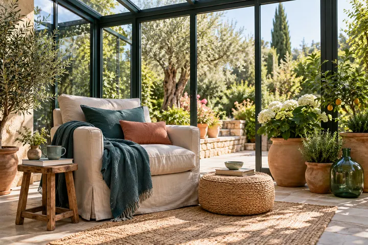 Fauteuil de lecture dans une véranda ouverte sur le jardin