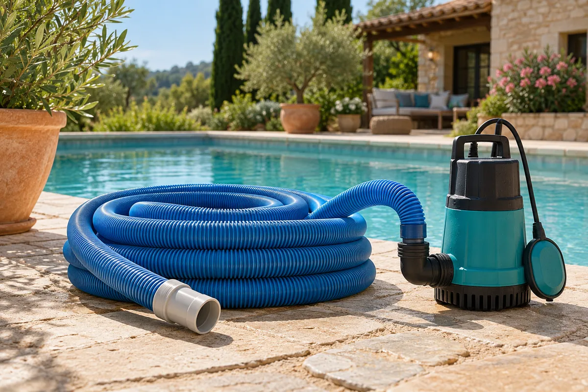 Tuyau et pompe de vidange débranchée sur une plage de piscine